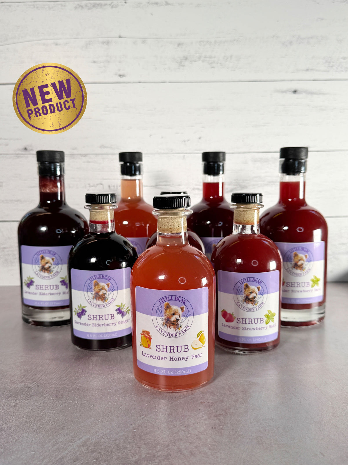 Bottles of lavender drinking shrubs