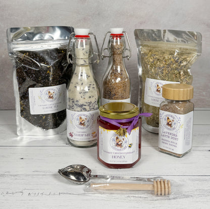 Coffee & Tea Lovers Gift Basket | Lavender Tea, Syrup Kits, Latte Dust & Honey | Farm-Made Gift in a Woven Basket